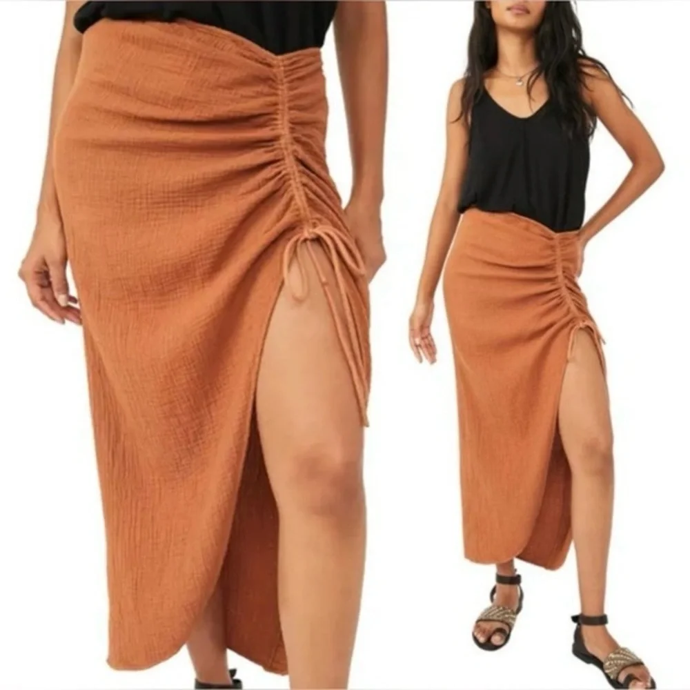 Free People High Waisted Gauze Side Rouched Skirt Store Sample Sz 2 in Ginger